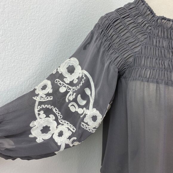 Twelve By Twelve Gray Sheer Embroidered Blouse XS Boho Fairy Whimsy Goth Peasant - Picture 4 of 10